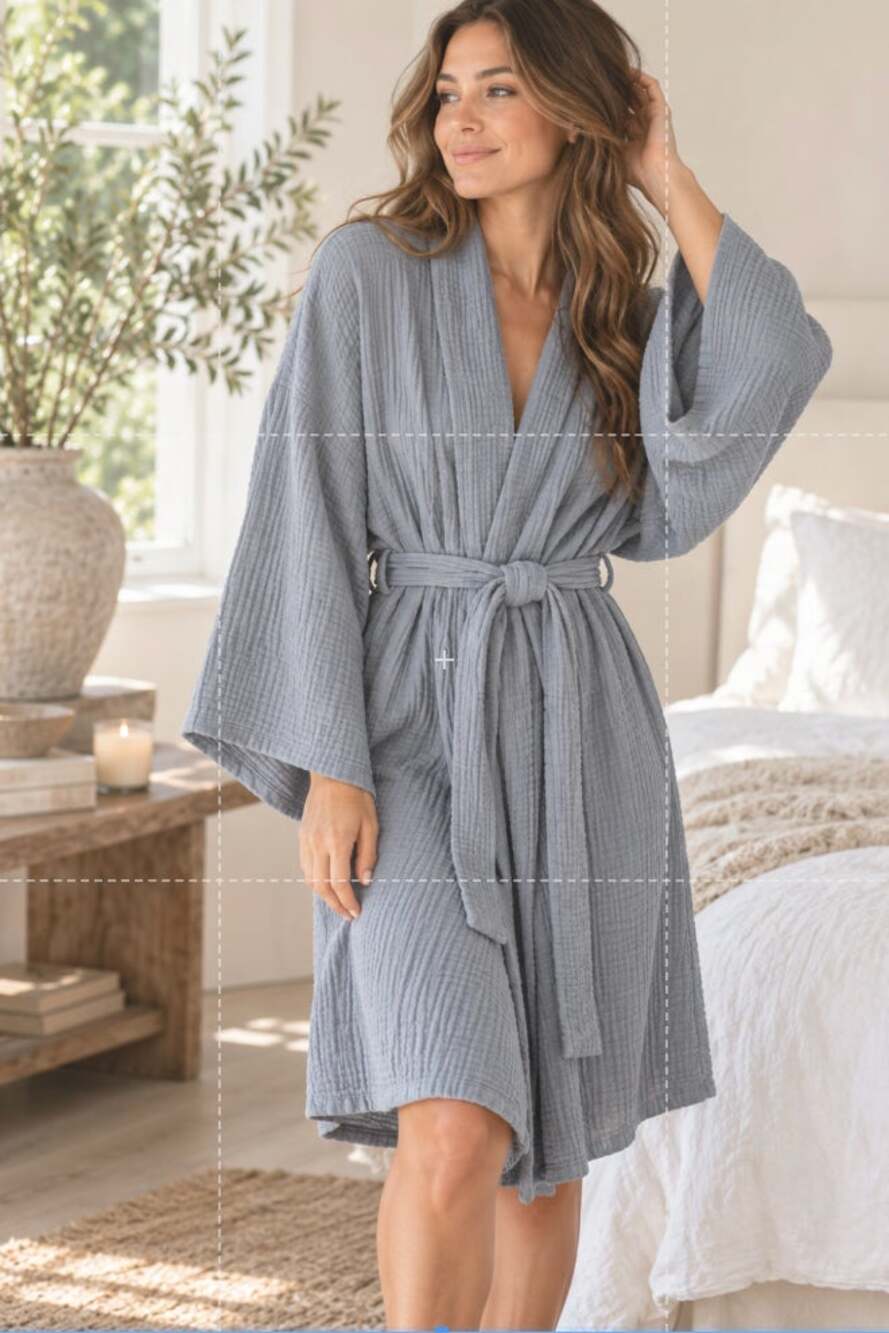 Parachute Cloud Cotton Gauze Robe L Blue Gray 100% Cotton Kimono Spa Loungewear